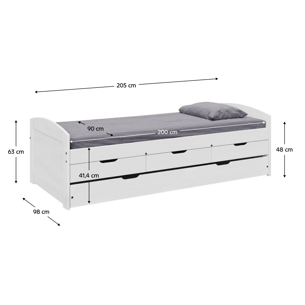 Postel s výsuvnou přistýlkou, bílá, masiv, 90x200, MARINELLA NEW