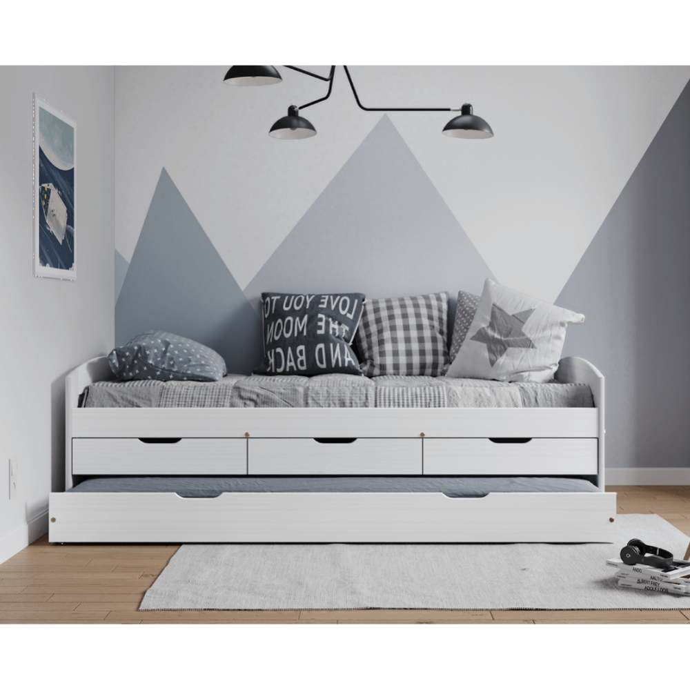 Postel s výsuvnou přistýlkou, bílá, masiv, 90x200, MARINELLA NEW