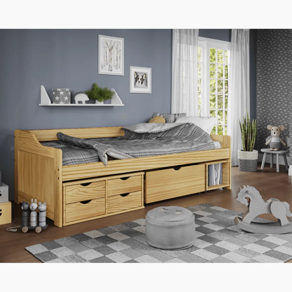 Postel s úložným prostorem, přírodní, masiv, 90x200, MAXI NEW