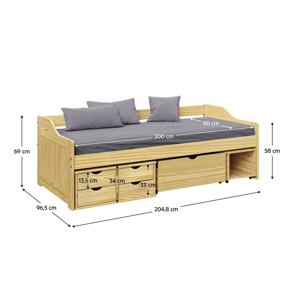 Postel s úložným prostorem, přírodní, masiv, 90x200, MAXI NEW