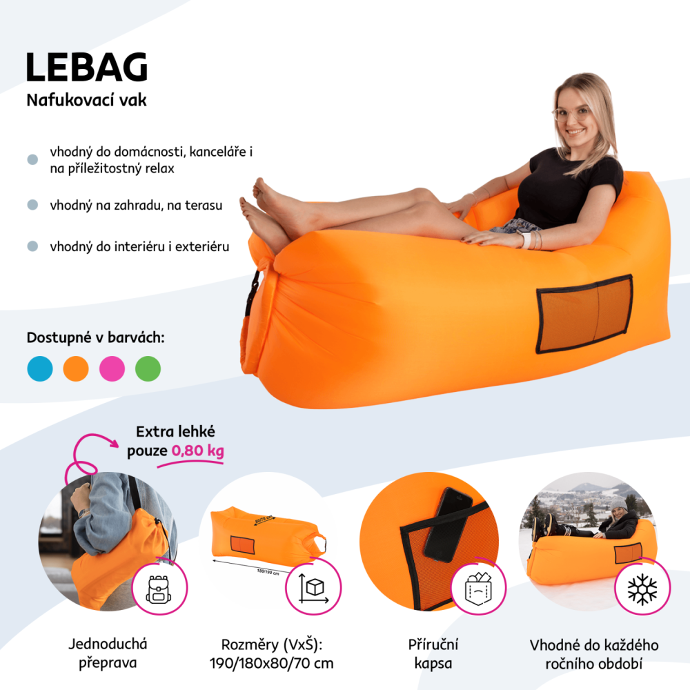 Nafukovací sedací vak/lazy bag, oranžová, LEBAG