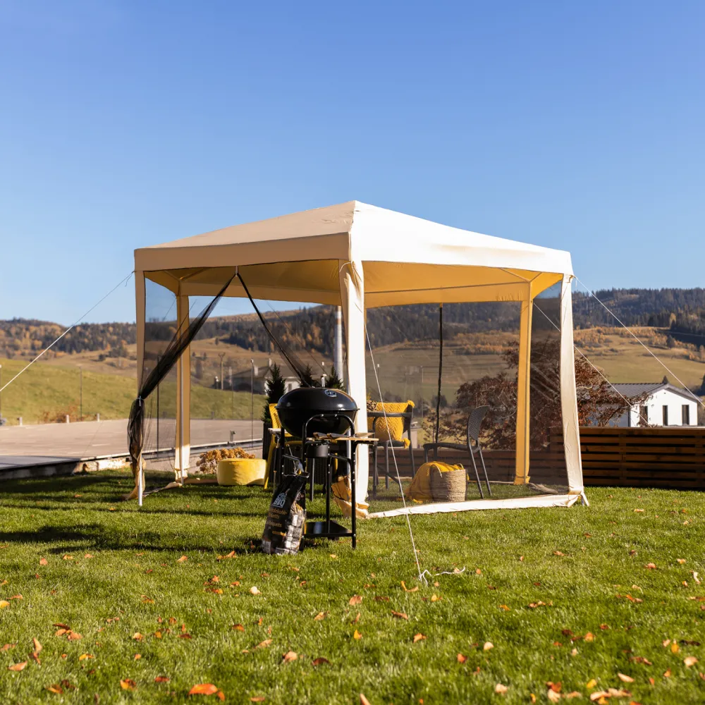Stanový altán do zahrady, 3,9x2,5x3,9m, béžová / černá, RINGE TYP 2 + 6 bočních stran