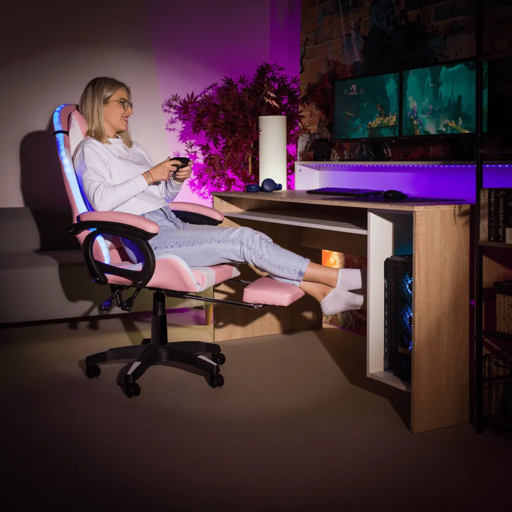 Kancelářské/herní křeslo s RGB LED podsvícením, růžová/bílá, JOVELA