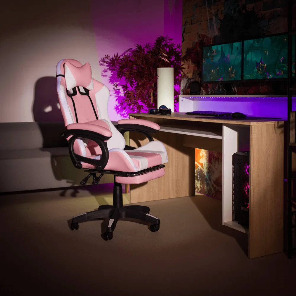 Kancelářské/herní křeslo s RGB LED podsvícením, růžová/bílá, JOVELA