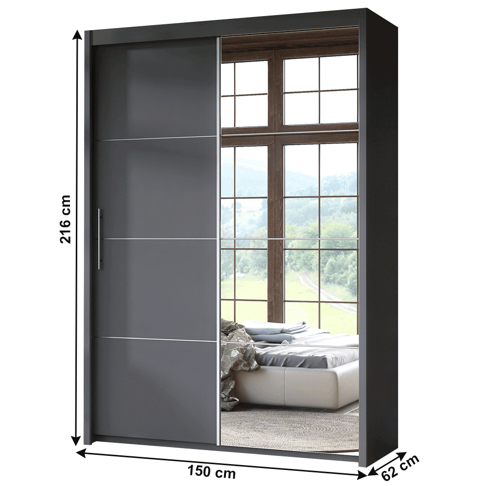 Skříň s posuvnými dveřmi, 150 cm, šedá, DTD, KAIPO