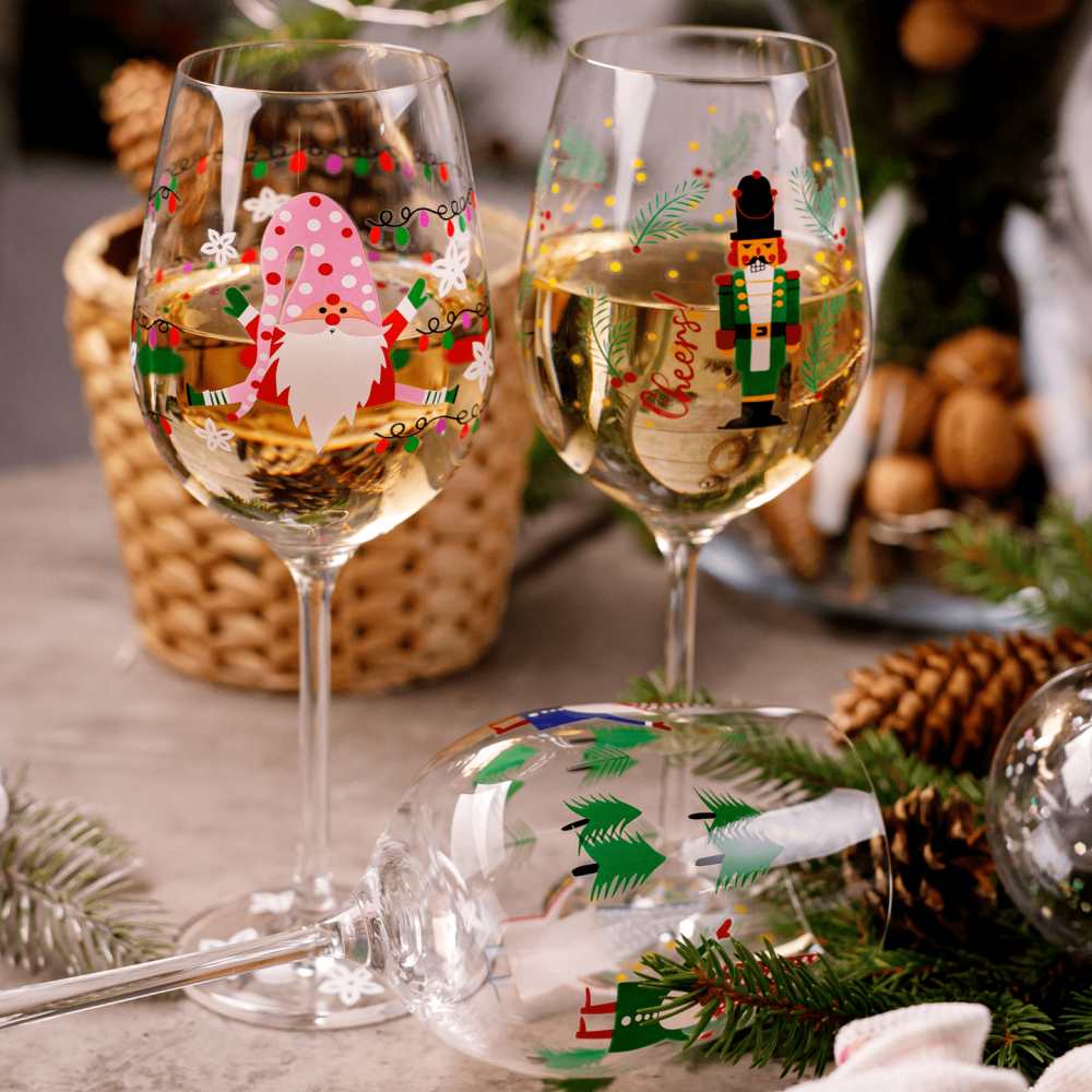 TEMPO-KONDELA TIPSY TRIO, sklenice na víno, set 3 ks, 450 ml, čiré se zimním motivem