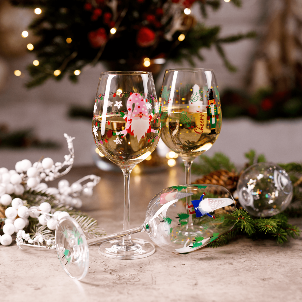 TEMPO-KONDELA TIPSY TRIO, sklenice na víno, set 3 ks, 450 ml, čiré se zimním motivem