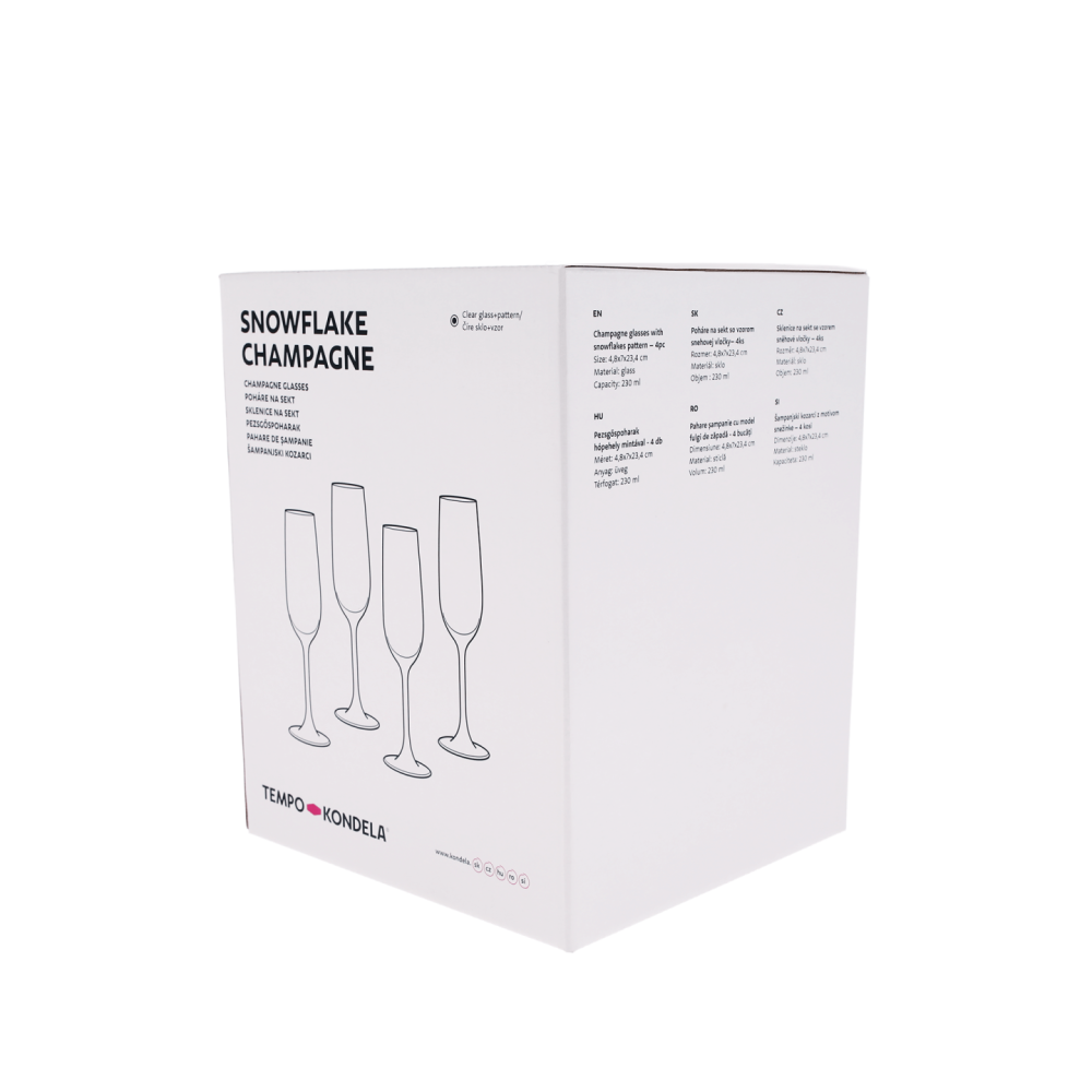 TEMPO-KONDELA SNOWFLAKE CHAMPAGNE, sklenice na šampaňské, set 4 ks, s krystaly, 230 ml