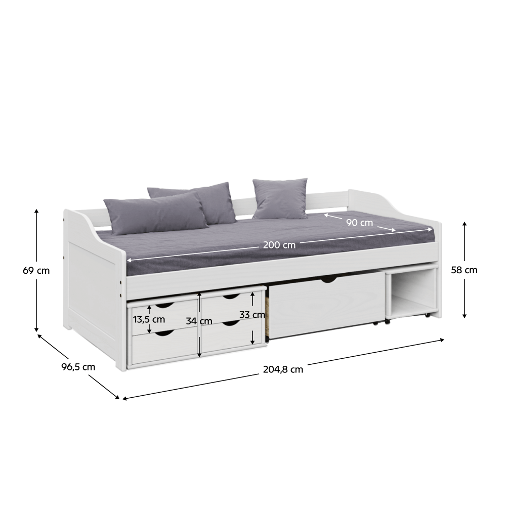 Postel s úložným prostorem, bílá, masiv, 90x200, MAXI NEW