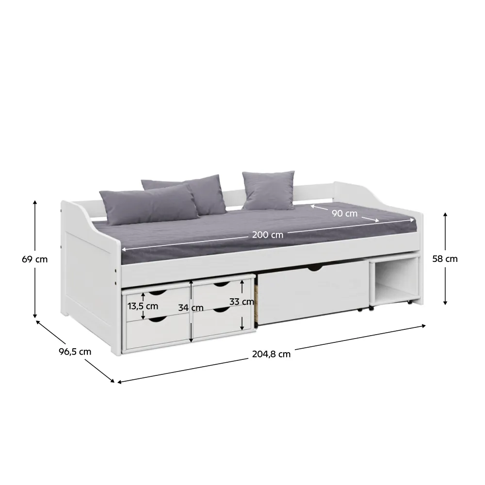Postel s úložným prostorem, bílá, masiv, 90x200, MAXI NEW