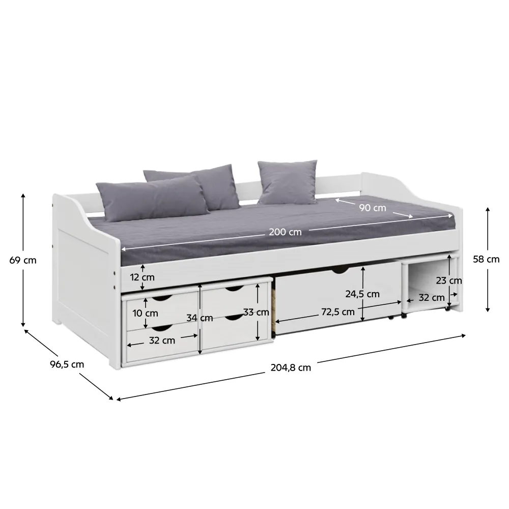Postel s úložným prostorem, bílá, masiv, 90x200, MAXI NEW