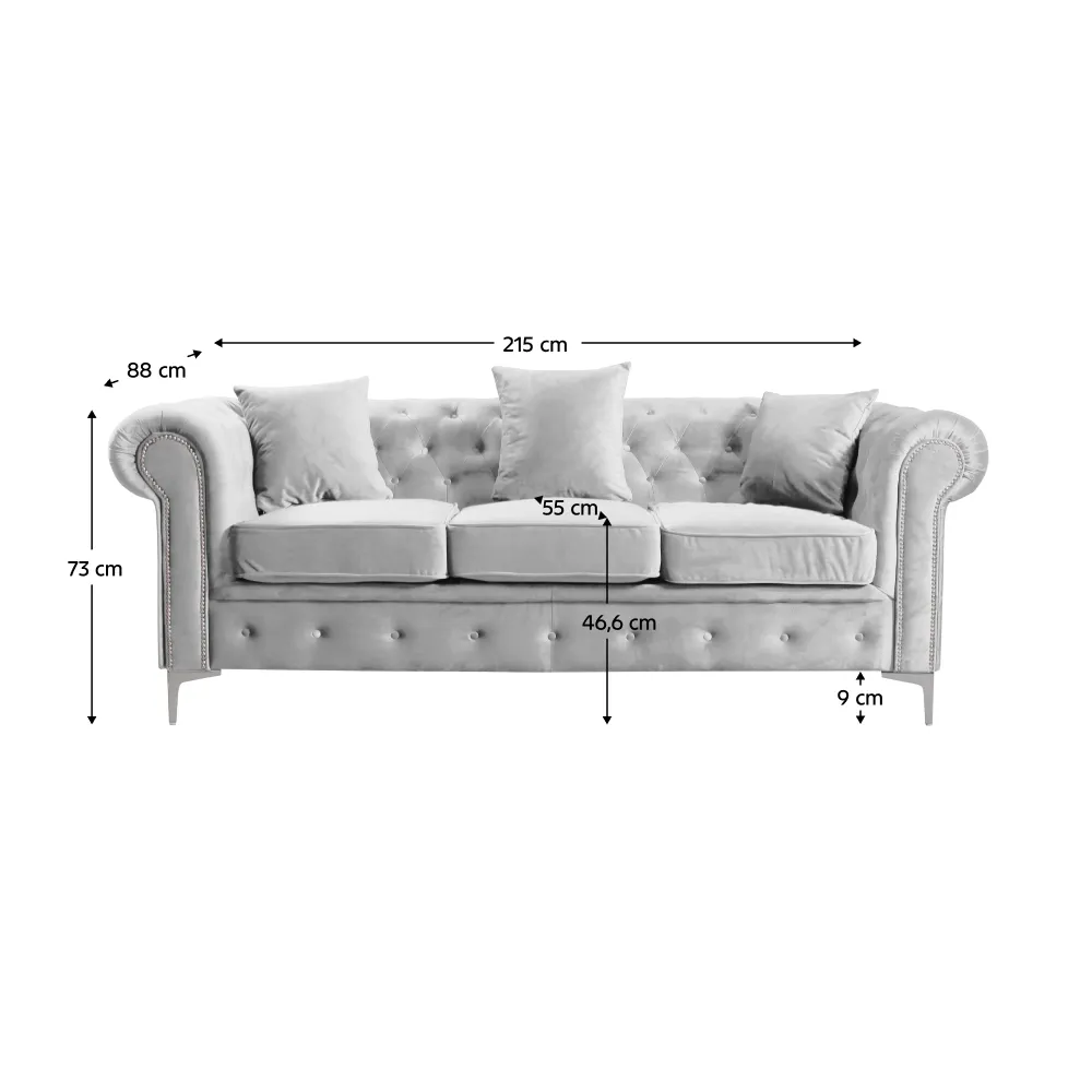 Luxusní 3-sed, světle šedá Velvet látka, ROMANO