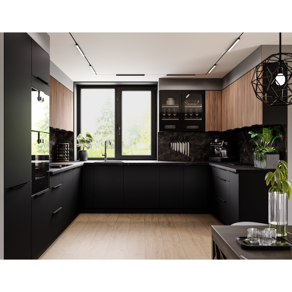 Horní rohová skříňka, ořech okapi/černá, MENZO 60x60 GN-90 1F