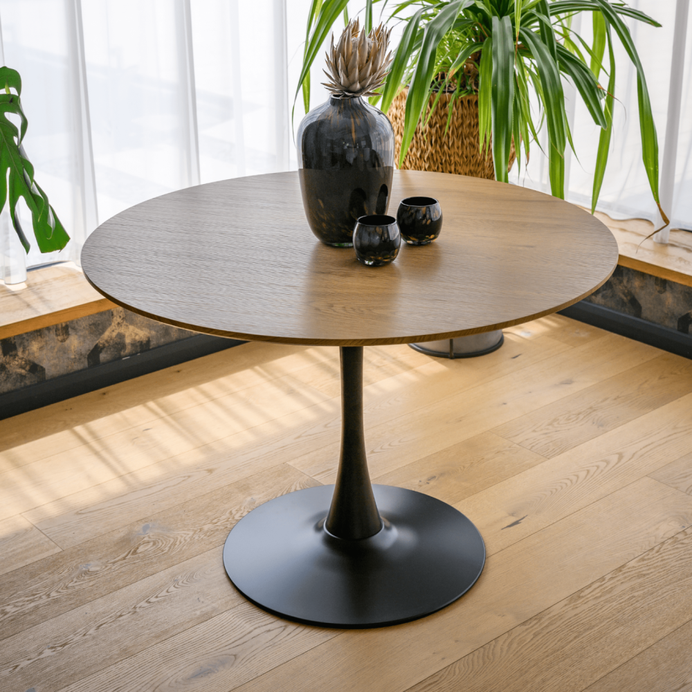 Jídelní stůl, kulatý, dub/černá, průměr 110 cm, REVENTON NEW