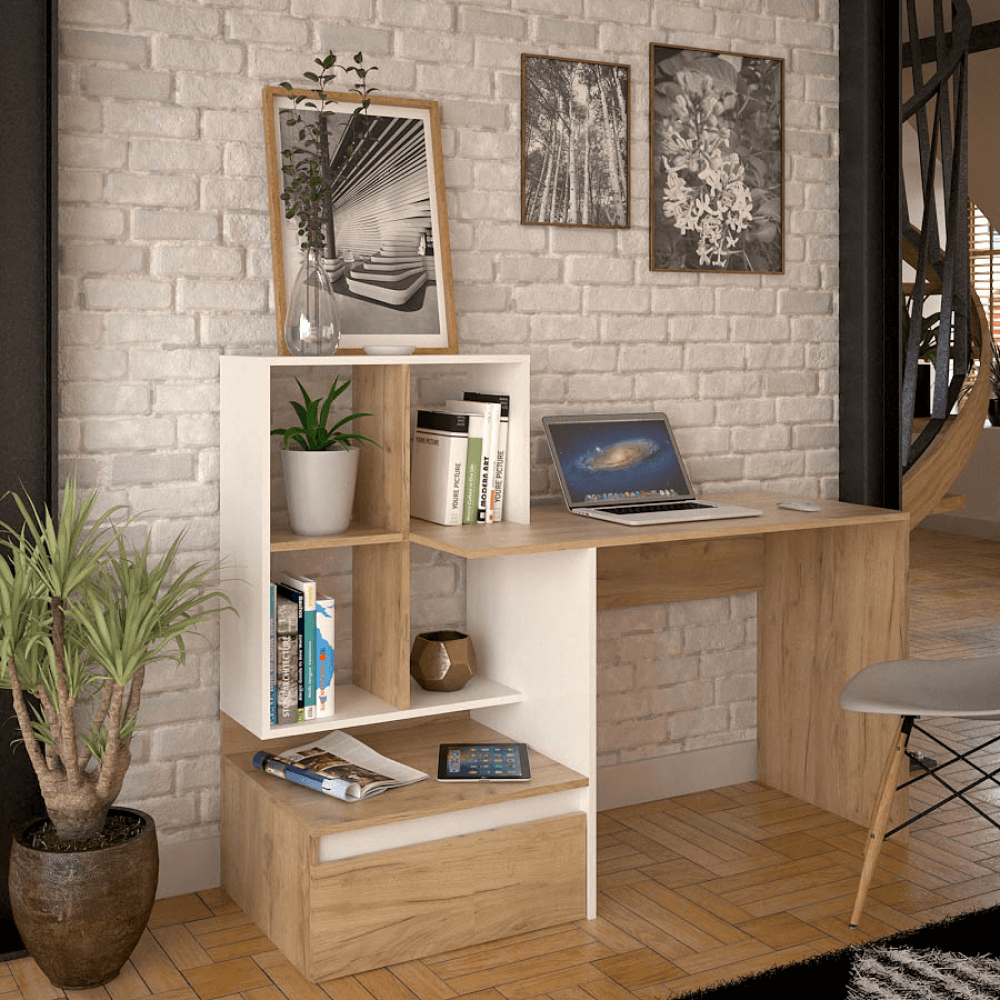 PC stůl, dub artisan/bílá, NEREO NEW