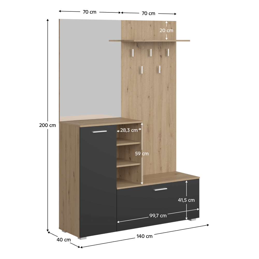 Předsíňová sestava, dub artisan/grafit, VETLANDA