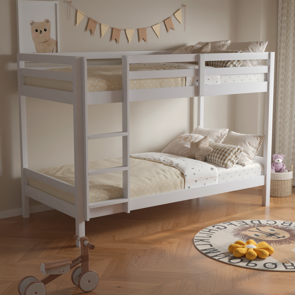 Patrová postel, 90x200, masivní dřevo, bílá, INEZA