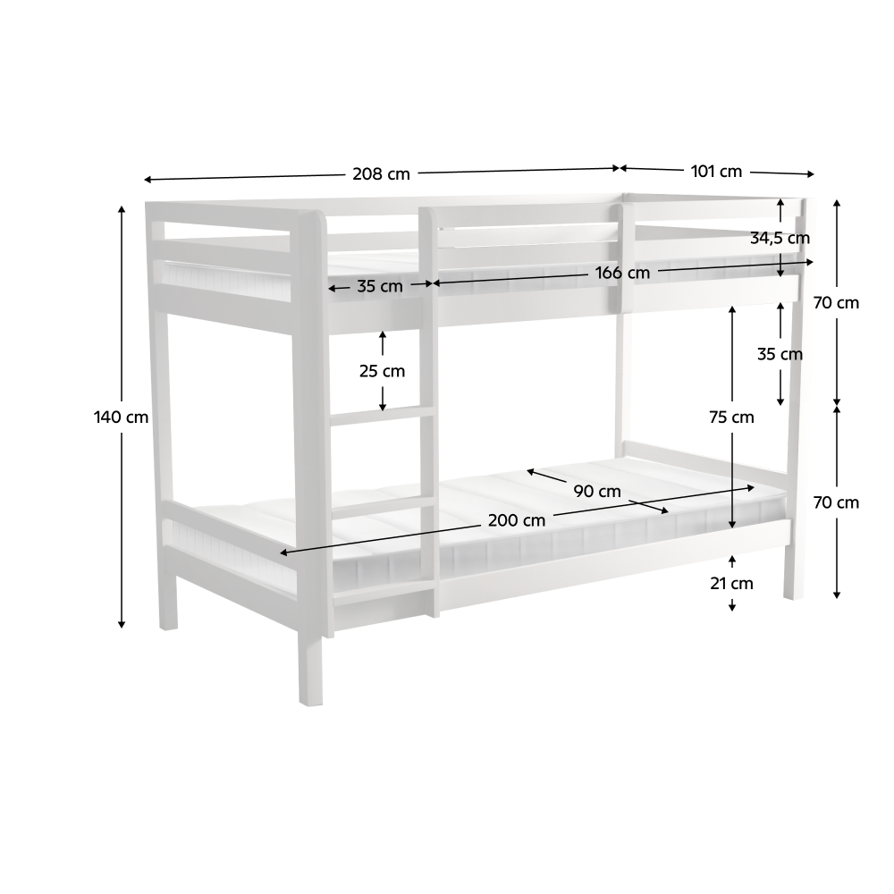 Patrová postel, 90x200, masivní dřevo, bílá, INEZA