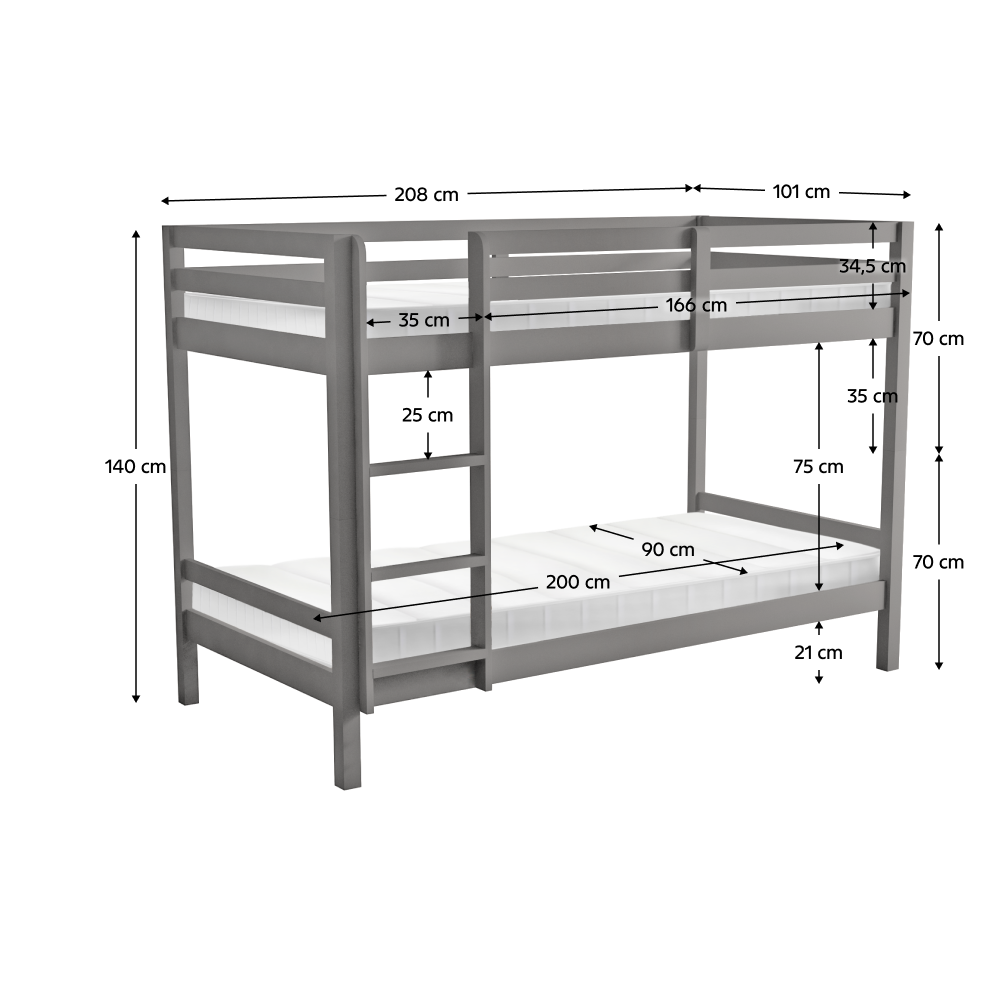 Patrová postel, 90x200, masivní dřevo, šedá, INEZA