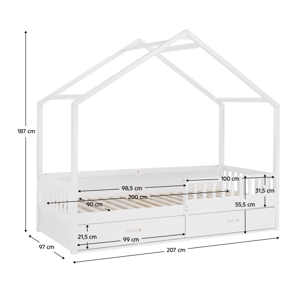Montessori postel, 90x200, bílá, masiv, BIANKA