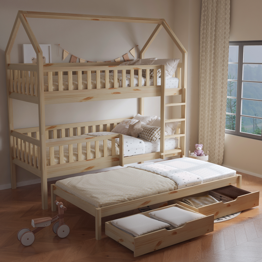 Montessori patrová postel s přistýlkou, přírodní, VENITA TYP 1