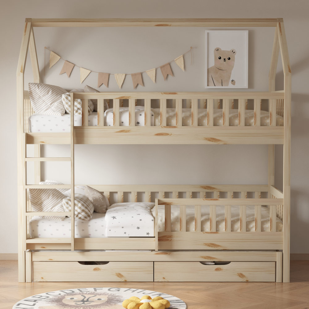 Montessori patrová postel s přistýlkou, přírodní, VENITA TYP 1