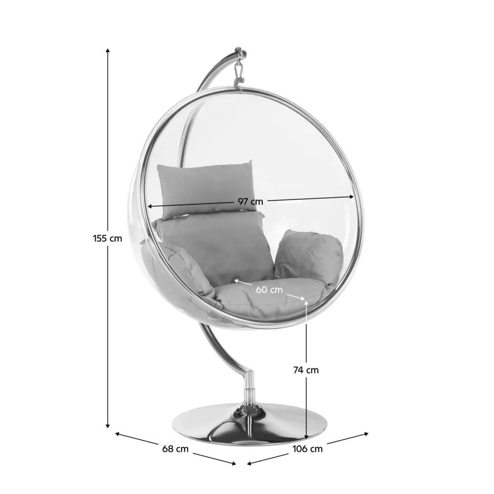 Závěsné křeslo se stojanem, transparentní/stříbrná/šedá, BUBBLE NEW TYP 3