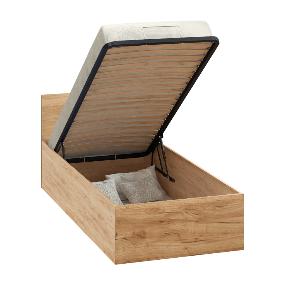 Postel s kovovým roštem a úložným prostorem, 90x200, dub craft zlatý, DOLI