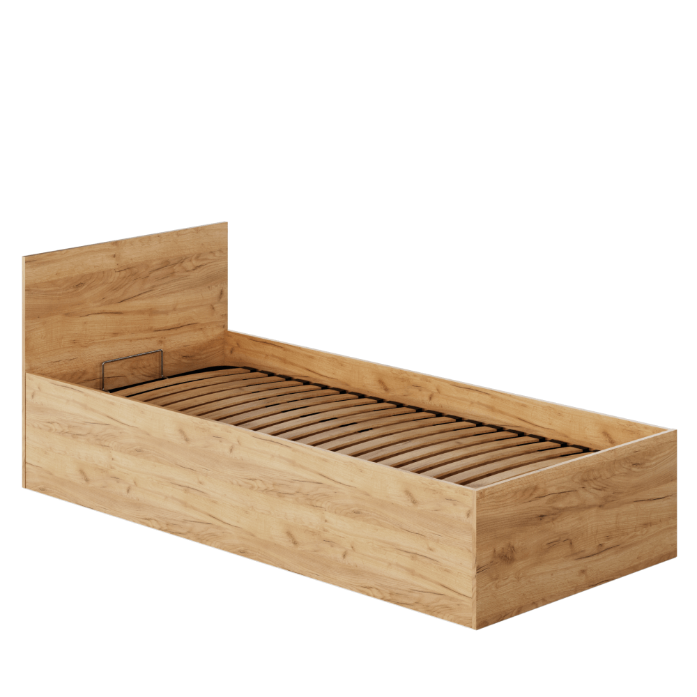 Postel s kovovým roštem a úložným prostorem, 90x200, dub craft zlatý, DOLI