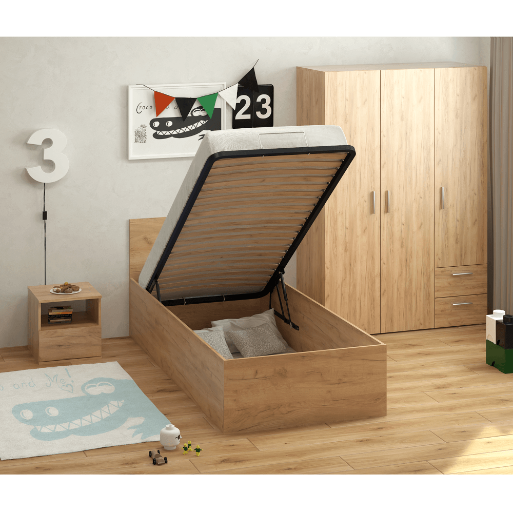 Postel s kovovým roštem a úložným prostorem, 90x200, dub craft zlatý, DOLI