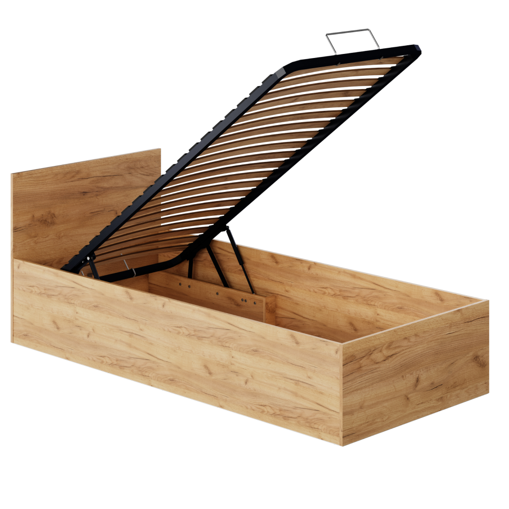 Postel s kovovým roštem a úložným prostorem, 90x200, dub craft zlatý, DOLI