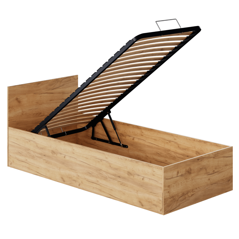 Postel s kovovým roštem a úložným prostorem, 90x200, dub craft zlatý, DOLI