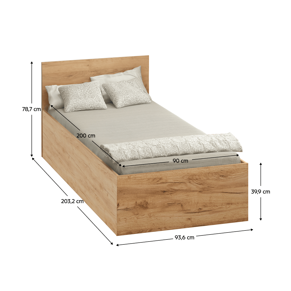 Postel s kovovým roštem a úložným prostorem, 90x200, dub craft zlatý, DOLI