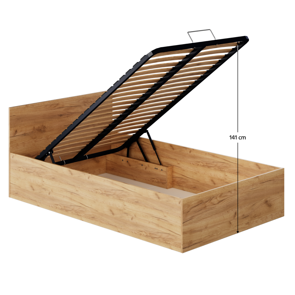 Postel s kovovým roštem a úložným prostorem, 120x200, dub craft zlatý, DOLI