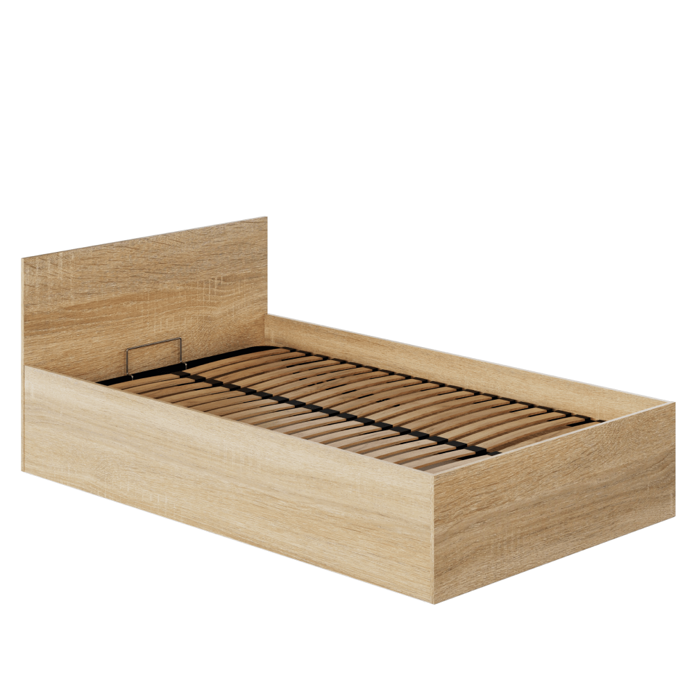 Postel s kovovým roštem a úložným prostorem, 120x200, dub sonoma, DOLI