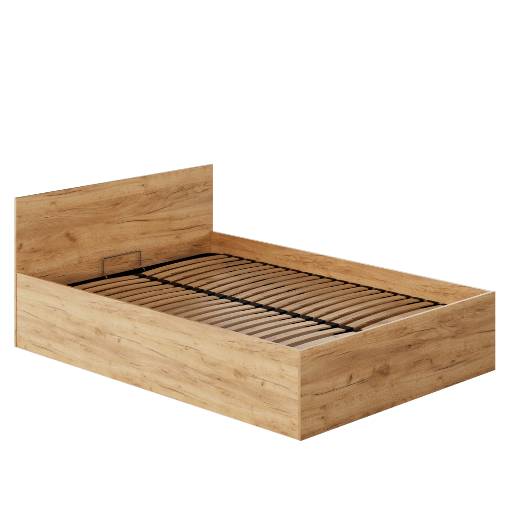Postel s kovovým roštem a úložným prostorem, 140x200, dub craft zlatý, DOLI