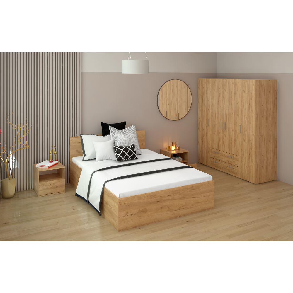 Postel s kovovým roštem a úložným prostorem, 140x200, dub craft zlatý, DOLI
