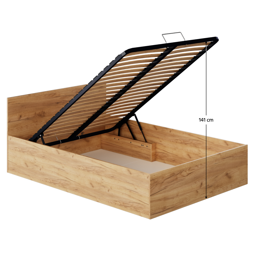 Postel s kovovým roštem a úložným prostorem, 140x200, dub craft zlatý, DOLI