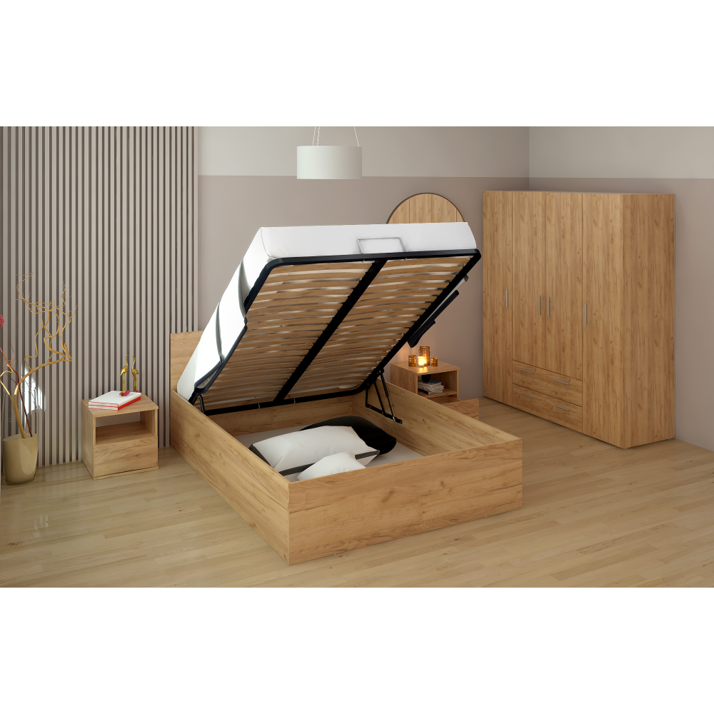 Postel s kovovým roštem a úložným prostorem, 140x200, dub craft zlatý, DOLI