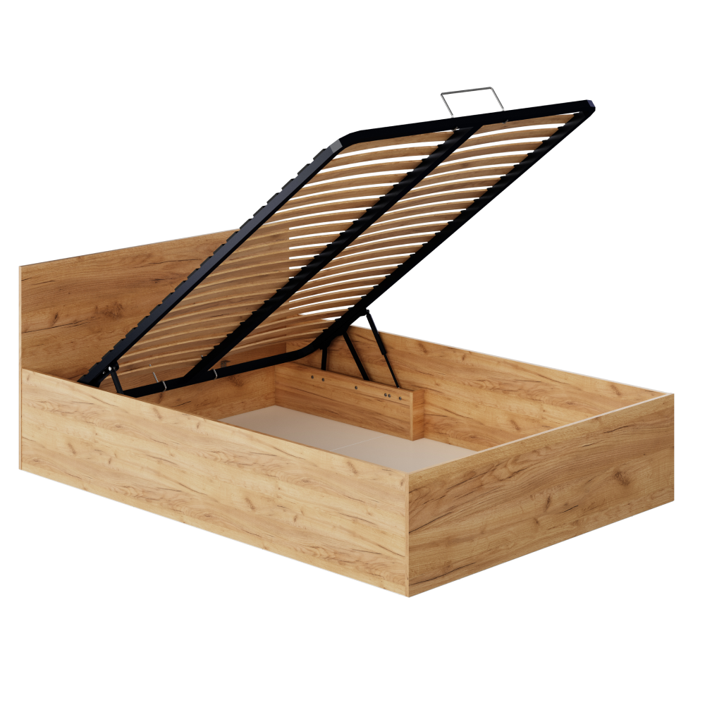 Postel s kovovým roštem a úložným prostorem, 140x200, dub craft zlatý, DOLI