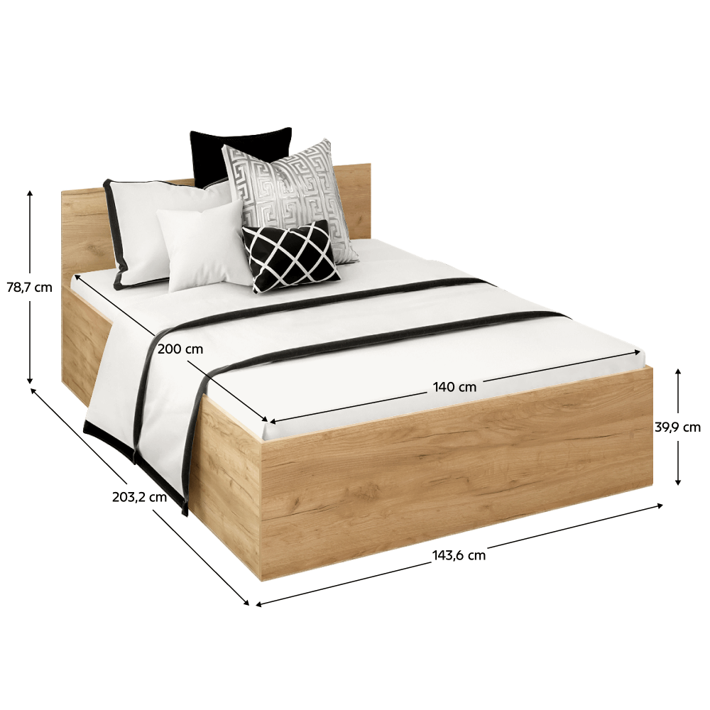 Postel s kovovým roštem a úložným prostorem, 140x200, dub craft zlatý, DOLI