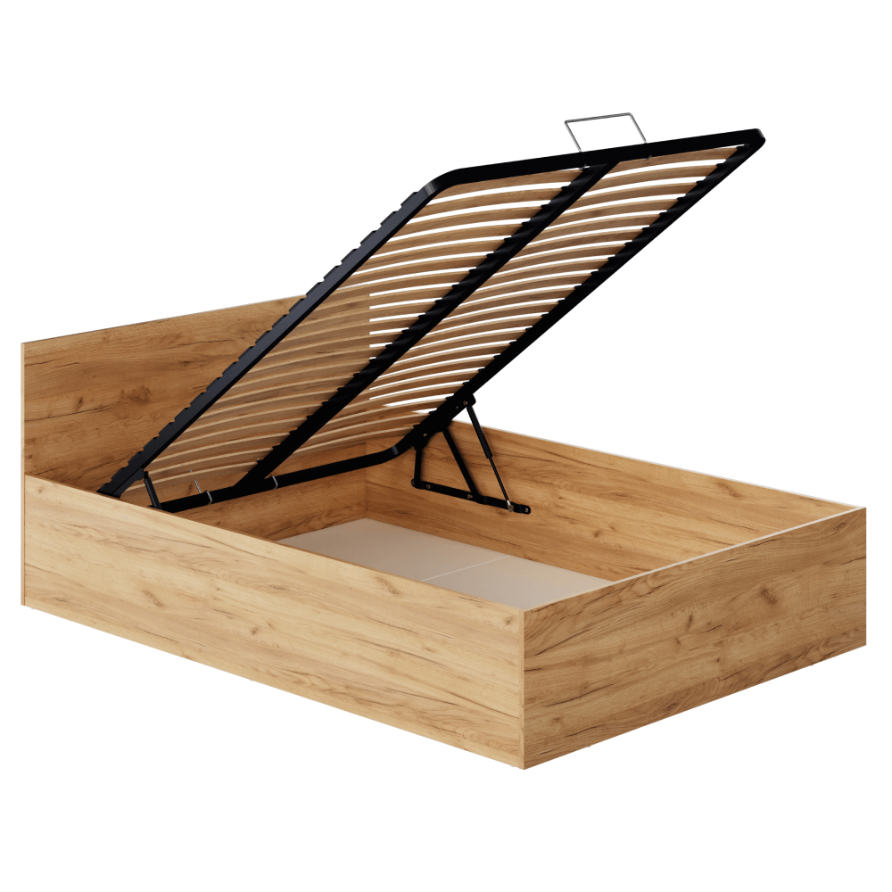 Postel s kovovým roštem a úložným prostorem, 140x200, dub craft zlatý, DOLI