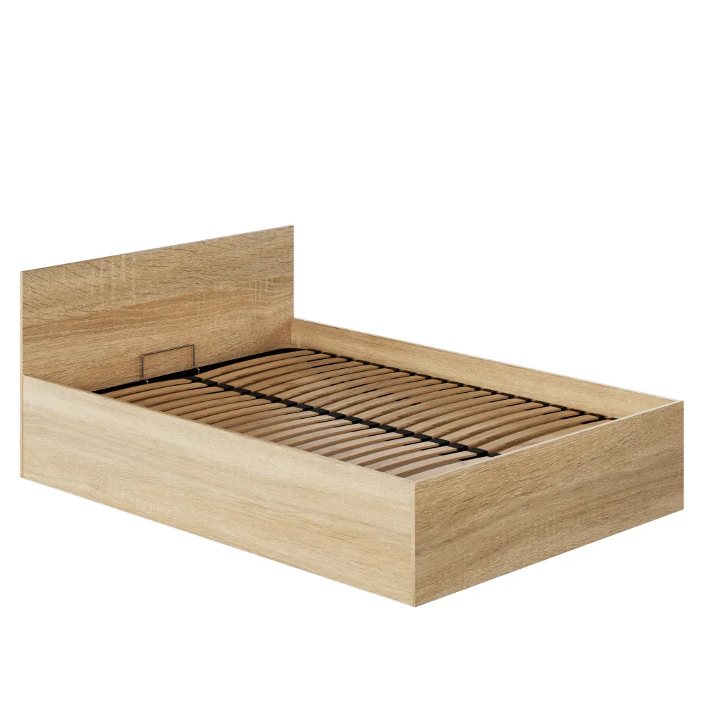 Postel s kovovým roštem a úložným prostorem, 140x200, dub sonoma, DOLI