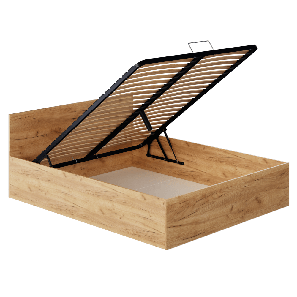 Postel s kovovým roštem a úložným prostorem, 160x200, dub craft zlatý, DOLI