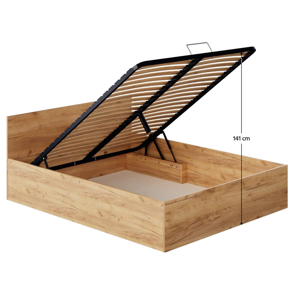 Postel s kovovým roštem a úložným prostorem, 160x200, dub craft zlatý, DOLI