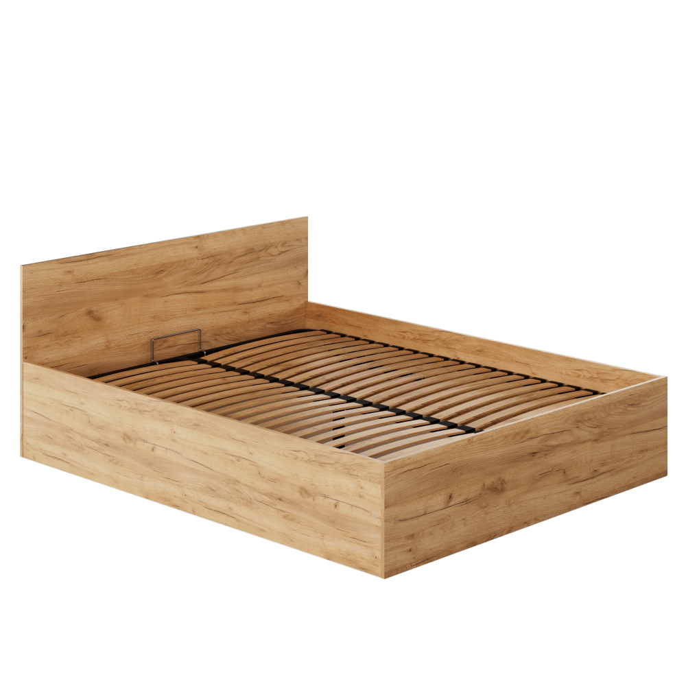 Postel s kovovým roštem a úložným prostorem, 160x200, dub craft zlatý, DOLI