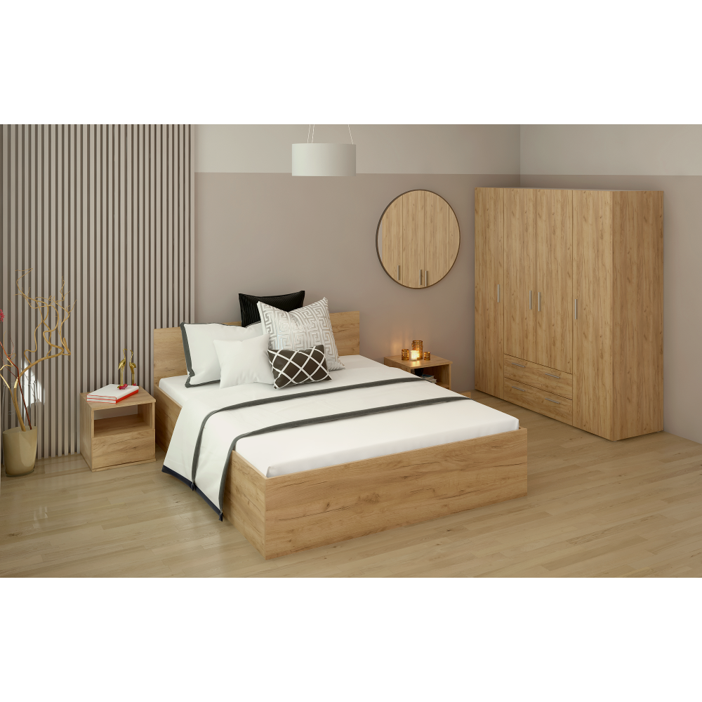 Postel s kovovým roštem a úložným prostorem, 160x200, dub craft zlatý, DOLI