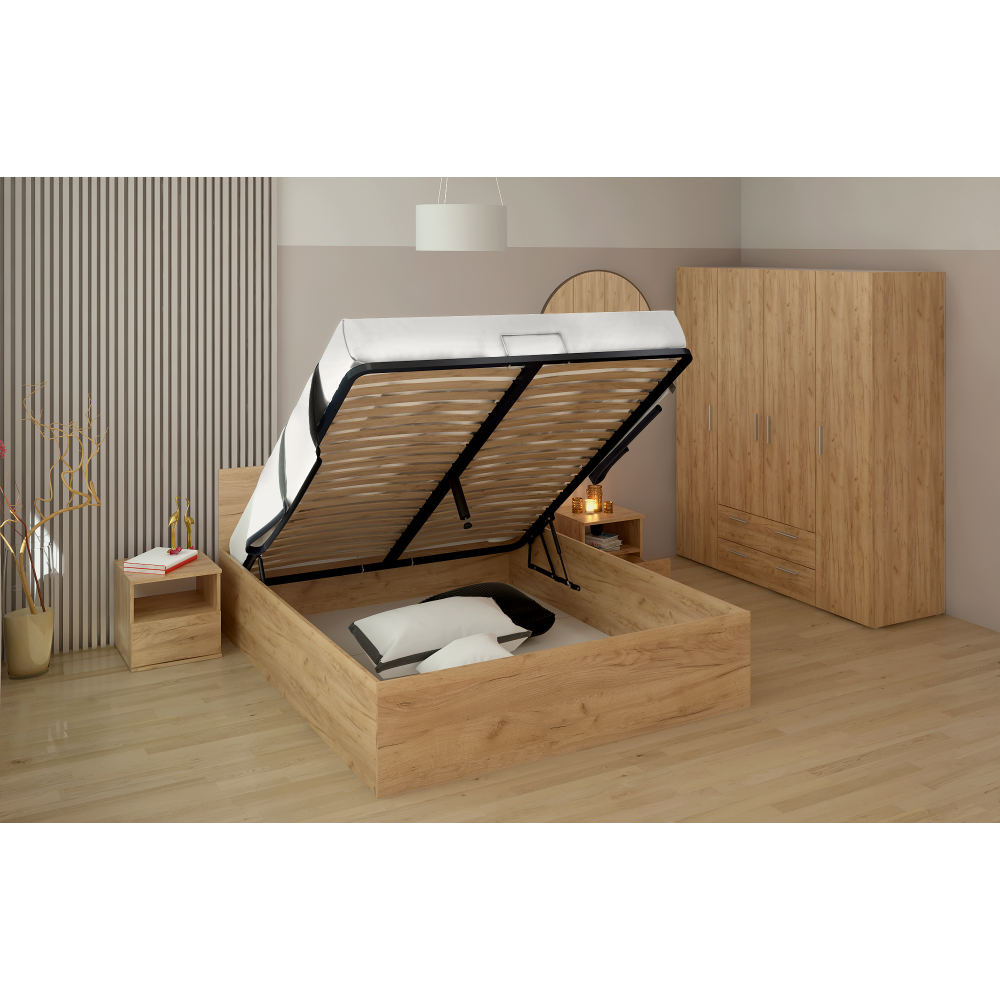 Postel s kovovým roštem a úložným prostorem, 160x200, dub craft zlatý, DOLI