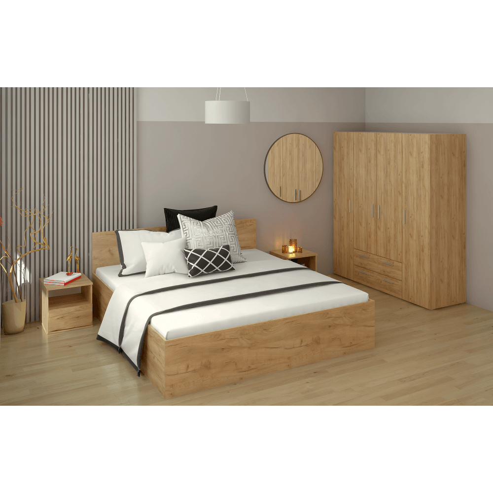 Postel s kovovým roštem a úložným prostorem, 180x200, dub craft zlatý, DOLI