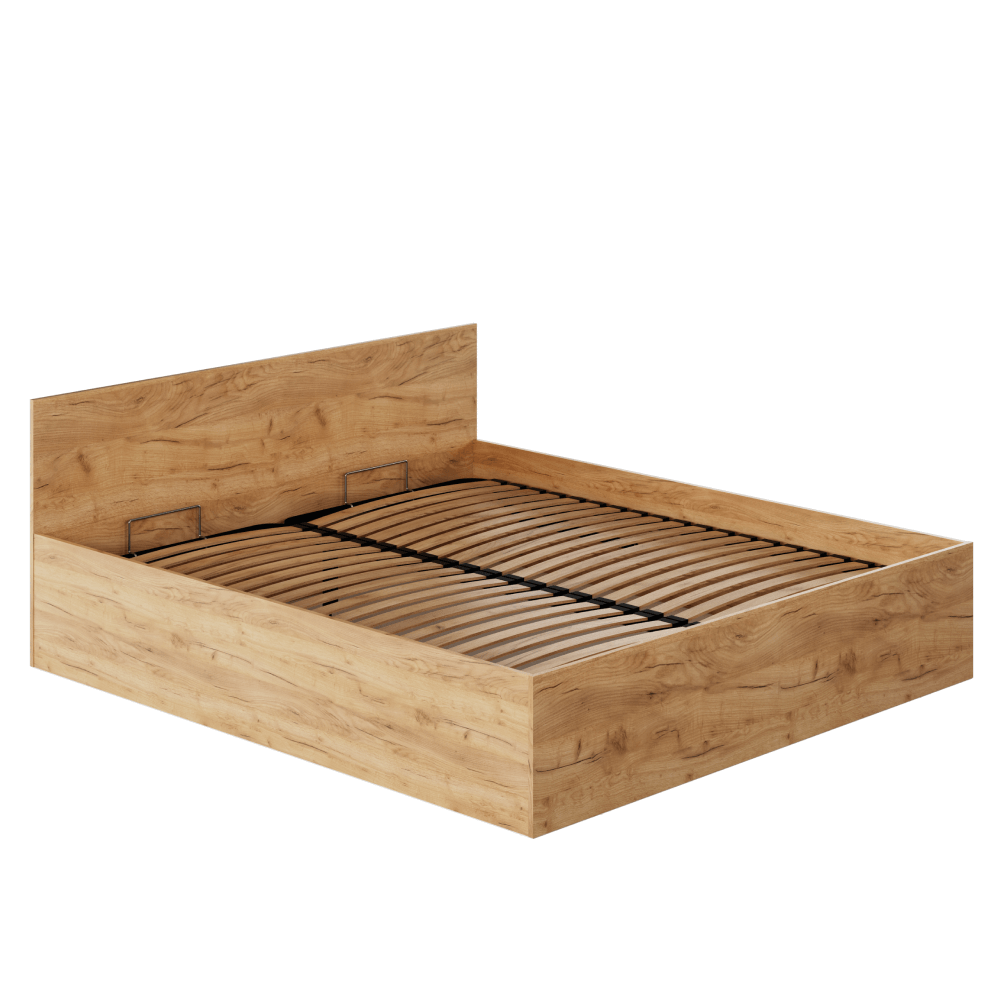 Postel s kovovým roštem a úložným prostorem, 180x200, dub craft zlatý, DOLI